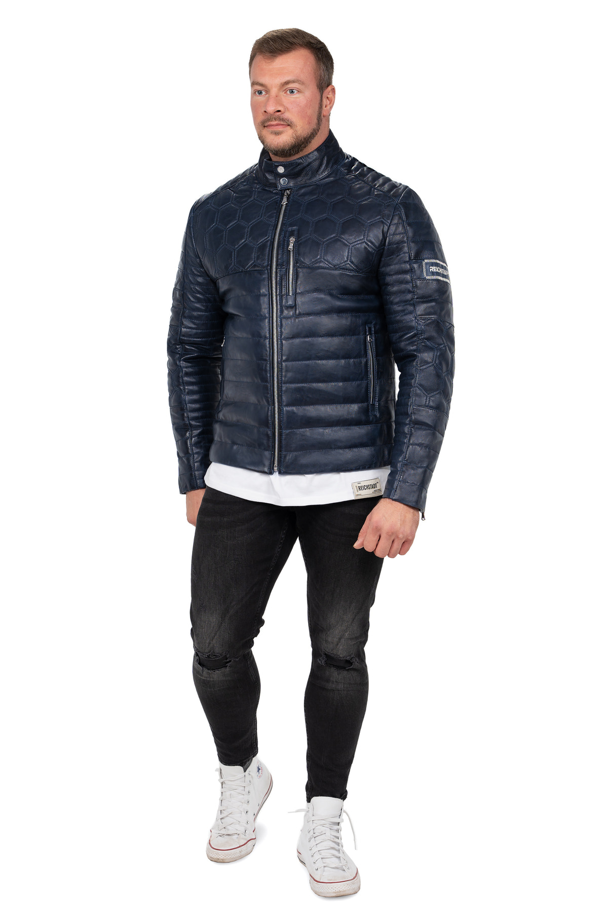 Herren Slim Fit Echtlederjacke Echtleder in Navy – Reichstadt – Ansicht 8