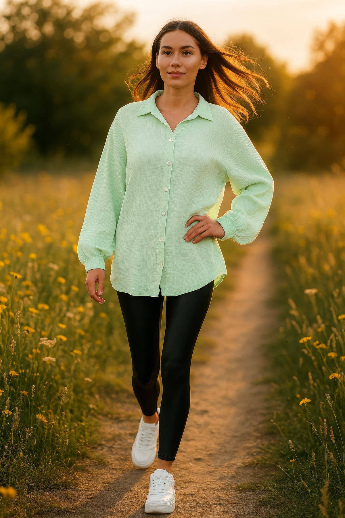 Damen Relaxed Fit Bluse Musselin 25RSW080 - Mint
