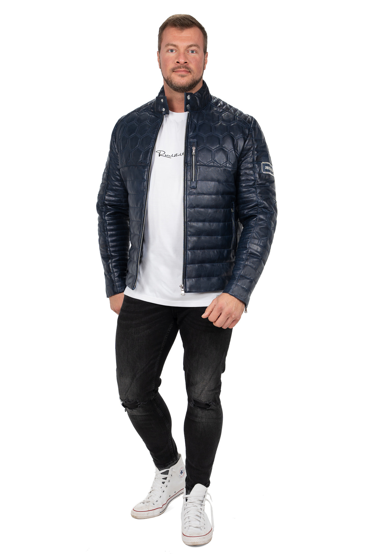 Herren Slim Fit Echtlederjacke Echtleder in Navy – Reichstadt – Ansicht 9